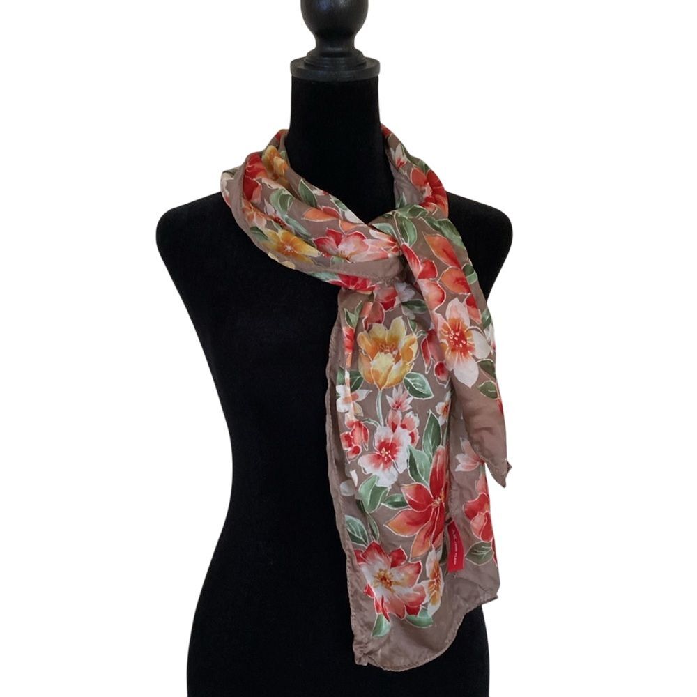 Anne‎ Klein Silk Scarf Floral Coquette Feminine Brown Red Gree Yellow 11x53"